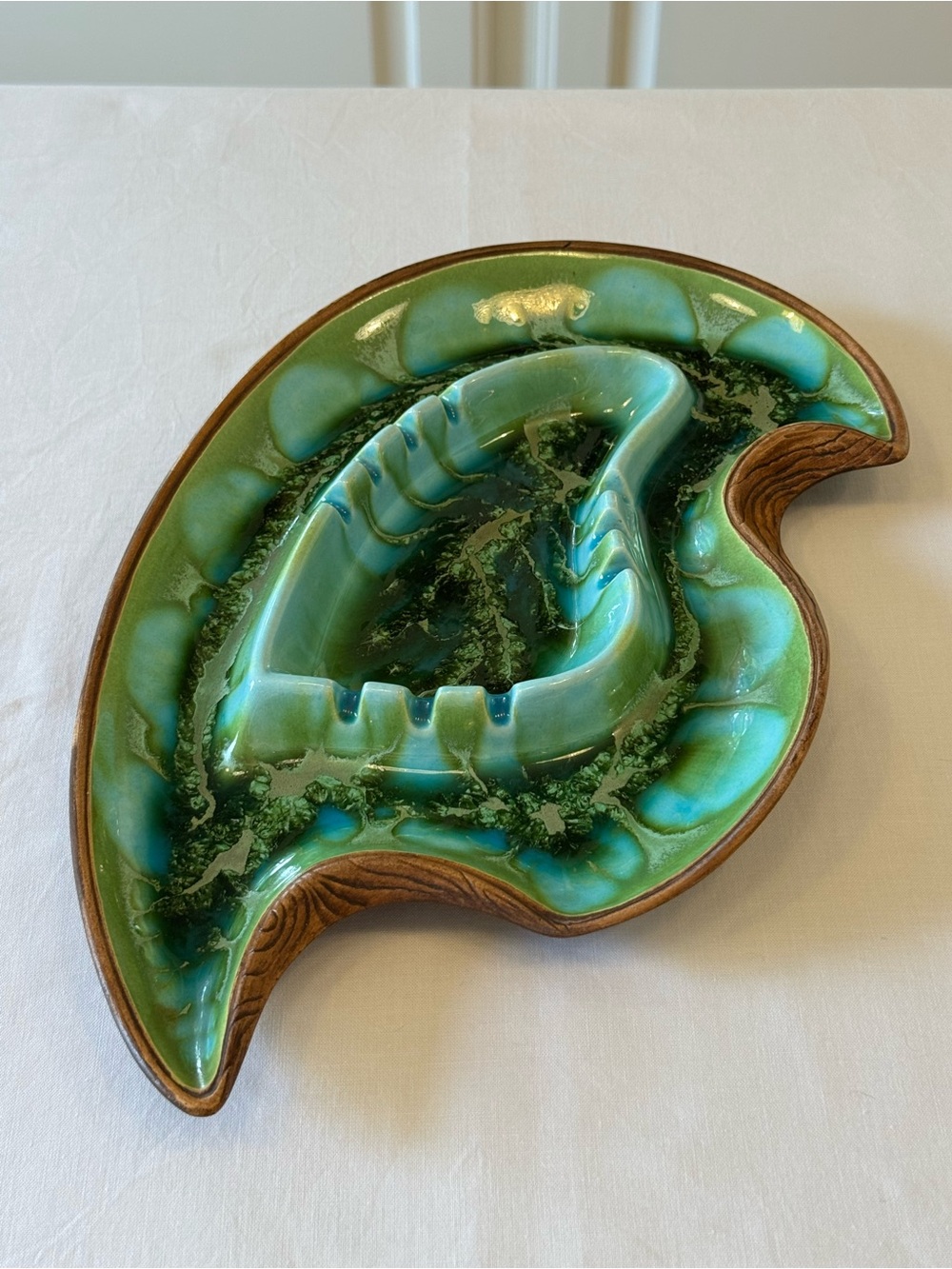 🌿 Treasure Craft MCM Ashtray Drip Glaze Faux Wood Grain USA | Vtg Ceramic